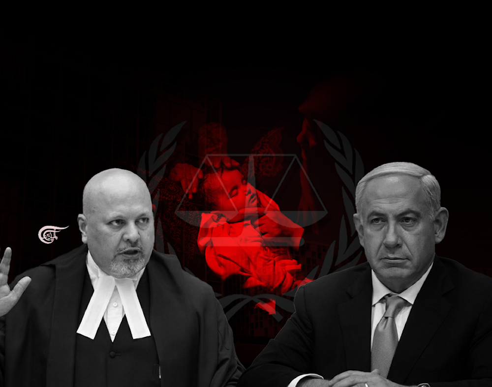 An illustration showing, Karim Khan, Chief Prosecutor of the ICC, Benjamin Netanyahu, and a child Palestinian martyr. (Illustrated by: Arwa Makki; Al Mayadeen English) 
