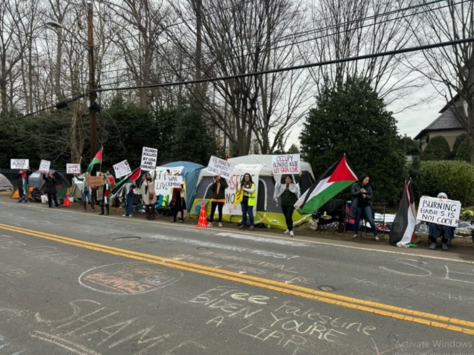 Pro-Palestinian protesters gather outside Blinken's residence on January 27, 2024. (Social media/X)