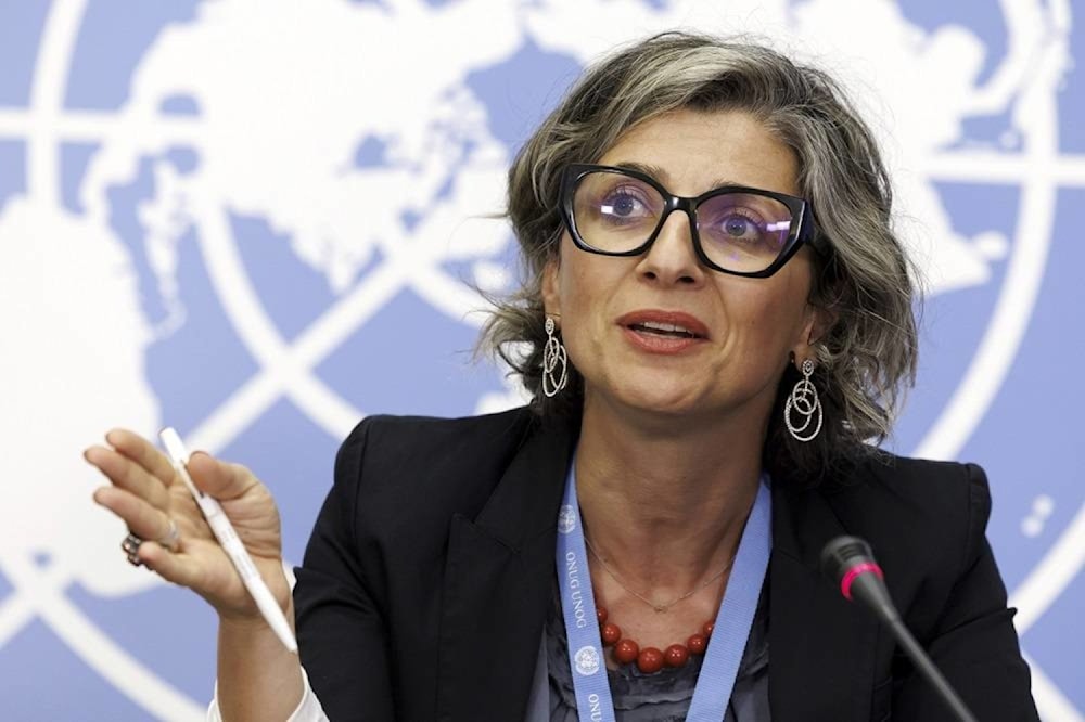 Francesca Albanese, Special Rapporteur on the situation of human rights in the Palestinian territories occupied since 1967 during a press conference at the European headquarters of the United Nations in Geneva, Switzerland, July 11, 2023. (AP)