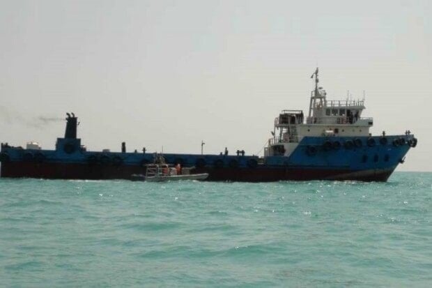 A screen grab from video footage showing a foreign oil tanker smuggling fuel in the Gulf, taken from a Press TV video broadcasted on August 4, 2019. (Press TV)