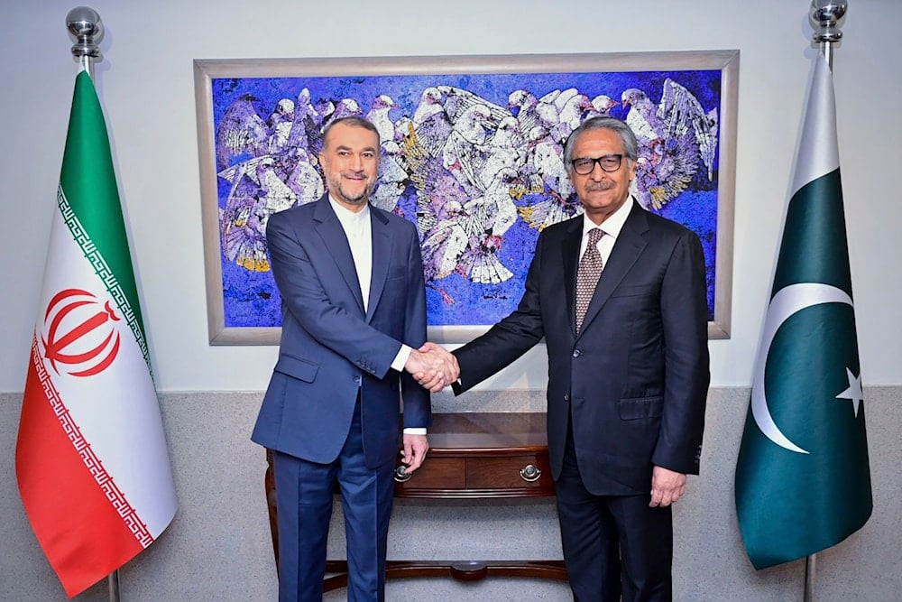 Pakistan's Ministry of Foreign Affairs visiting Iran's Foreign Minister Hossein Amirabdollahian,  shakes hands with Jalil Abbas Jilani upon his arrival for a meeting at the Ministry of Foreign Affairs in Islamabad, Pakistan, Jan. 29, 2024(AP)