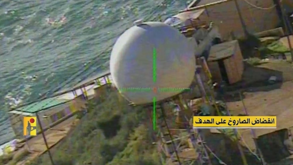 The missile targeted a surveillance dome at the maritime Ras al-Naqoura site belonging to the Israeli occupation army (Documented by the media of the Islamic Resistance).