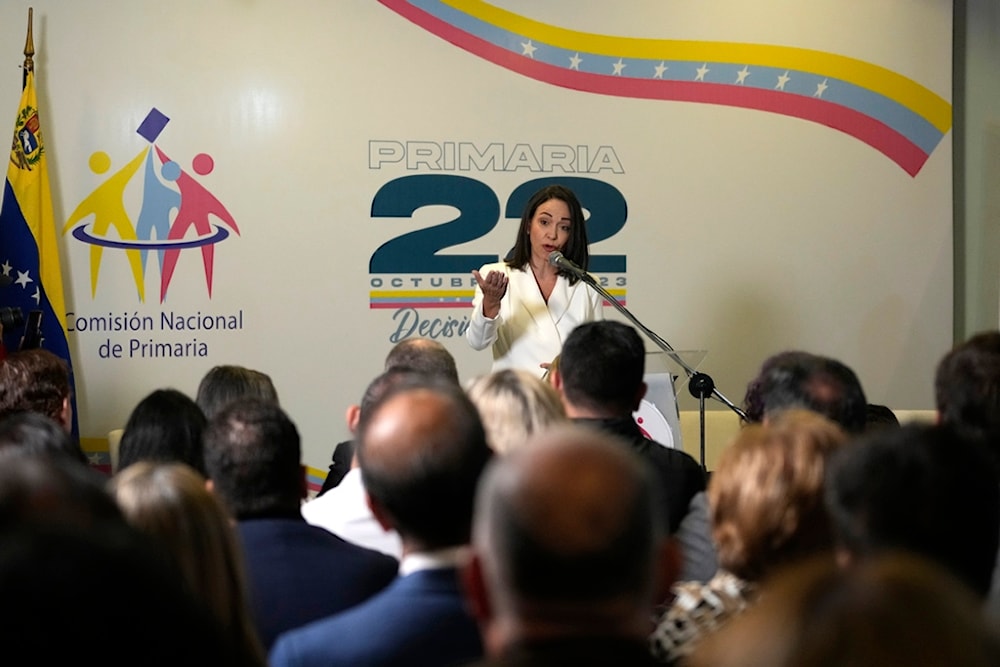 Maria Corina Machado gives a press conference after a ceremony with the Opposition Primary Commission to recognize her electoral win in the opposition-organized primary election in Caracas, Venezuela, Thursday, Oct. 26, 2023. (AP)