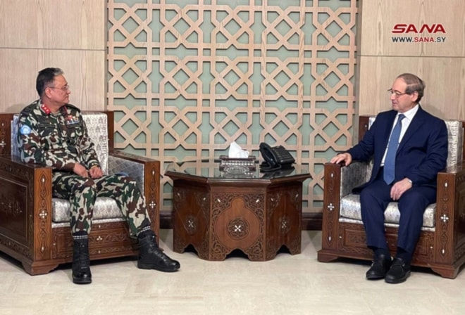Syrian Foreign Minister meets Major General Nirmal Kumar Thapa, the Commander of United Nations Disengagement Observer Force in the Occupied Golan (UNDOF). (SANA)