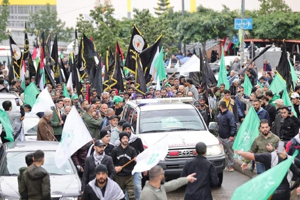 Footage taken from the funeral procession of Martyr Sheikh Saleh al-Arouri, January 4, 2024. (Al Mayadeen)