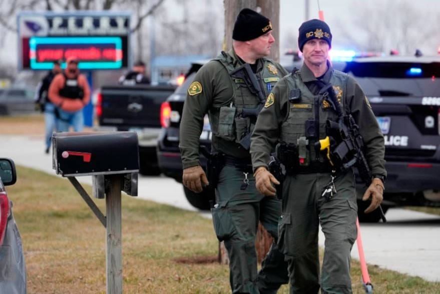 Police respond to Perry High School in Perry, Iowa., Jan. 4, 2024. (AP)