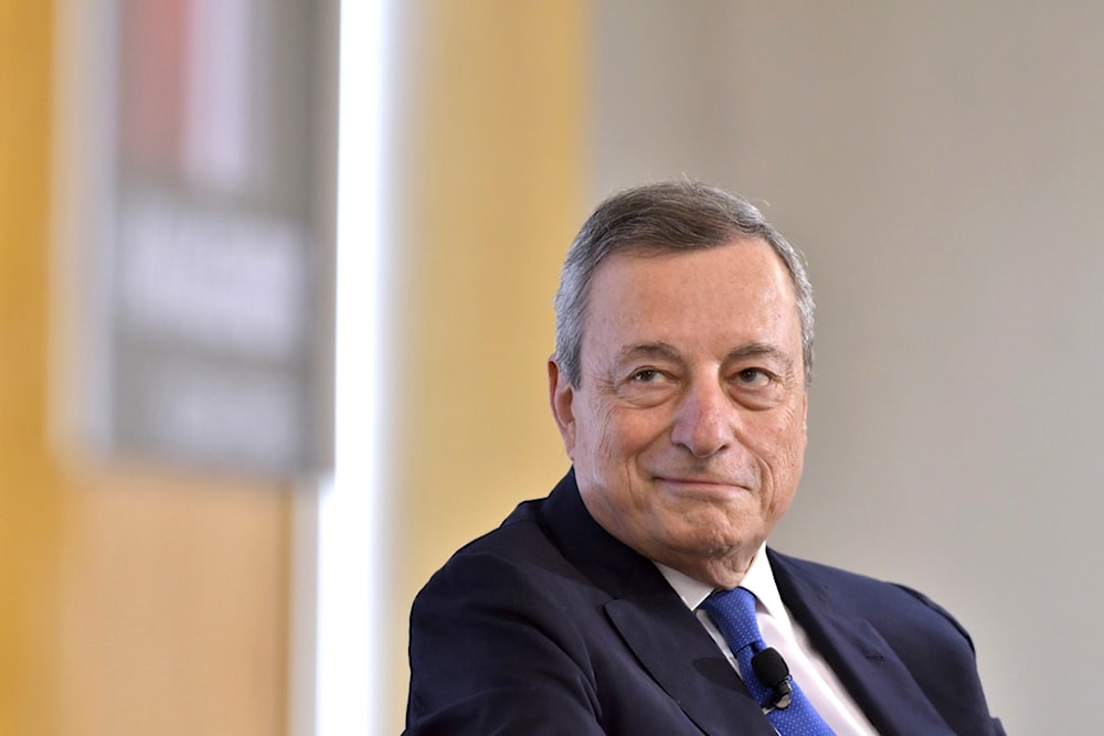 Former Prime Minister of Italy Mario Draghi, during a ceremony at which he was awarded the 2023 Miriam Pozen Prize, Wednesday, June 7, 2023, at the MIT Sloan School of Management in Cambridge, Mass. 