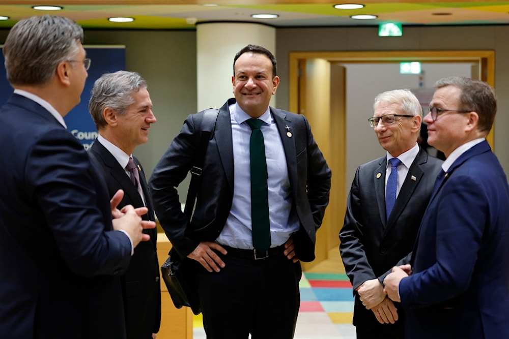 Croatian PM Andrej Plenkovic, Slovenian PM Robert Golob, Irish PM Leo Varadkar, Bulgarian PM Nikolai Denkov, and Finnish PM Petteri Orpo talk at an EU summit in Brussels, Thursday, Feb. 1, 2024. (AP)