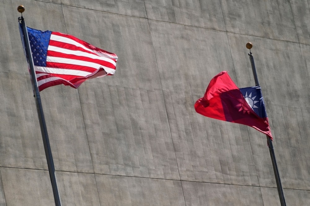 The US and Taiwan flags are displayed outside a hotel as Taiwan’s president was staying was in Los Angeles on April 4, 2023. (AP)