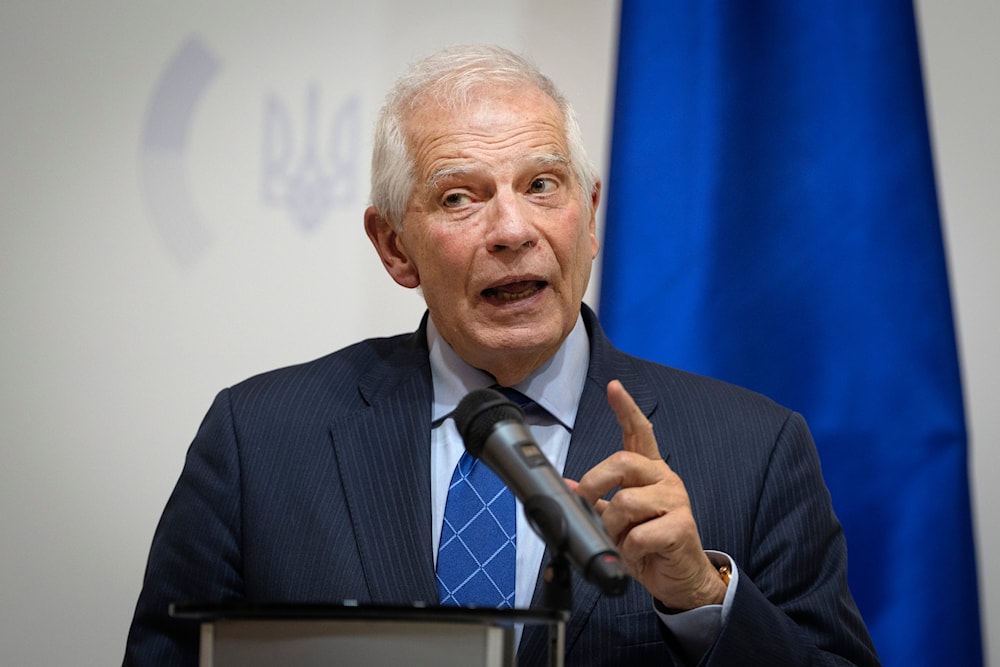 foreign policy chief Josep Borrell attends a joint news conference with Ukrainian Foreign Minister Dmytro Kuleba following their talks in Ukraine, Wednesday, Feb. 7, 2024. (AP)