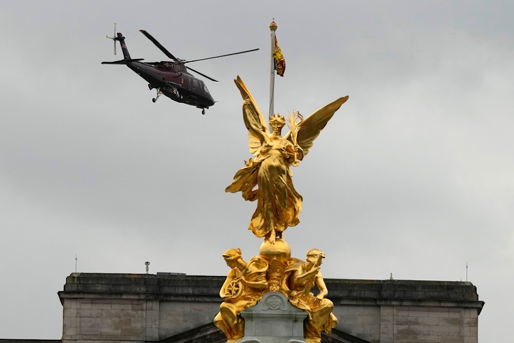 A helicopter departs from Buckingham Palace believed to be carrying King Charles III and Queen Camilla in London, Tuesday, Feb. 6, 2024.  (AP)
