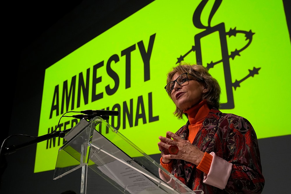 Amnesty International Secretary General Agnes Callamard delivers her speech Monday, March 27, 2023(AP)