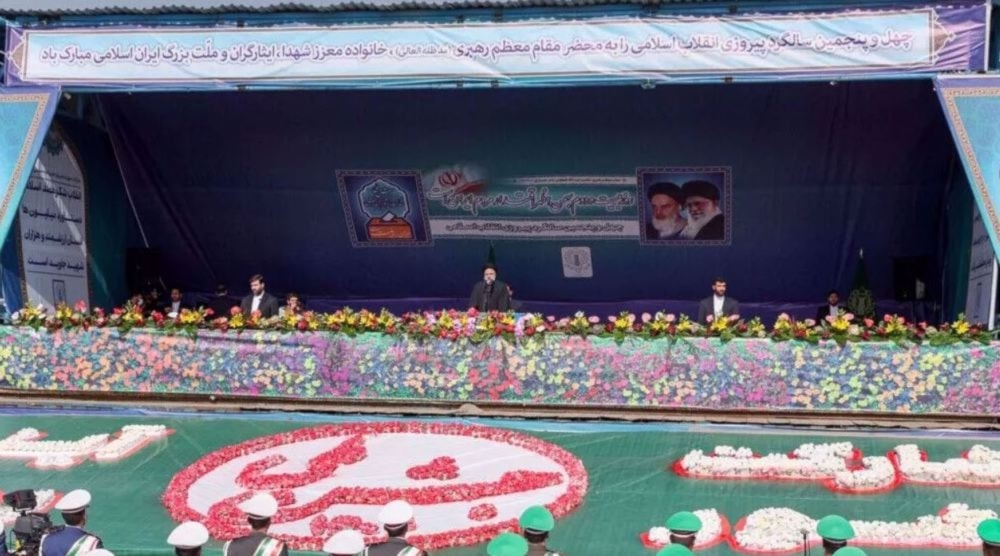  Iranian President Ebrahim Raisi speaks at a massive rally in the capital, Tehran, on the 45th anniversary of the Islamic Revolution on February 11, 2024. (IRNA)