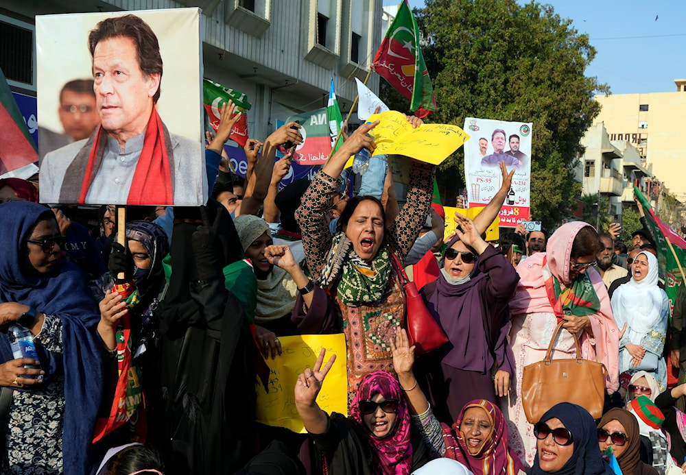 Supporters of imprisoned Pakistan's Former Prime Minister Imran Khan's and Jamaat-e-Islami party during a protest, in Karachi, Pakistan, Feb. 10, 2024. (AP)