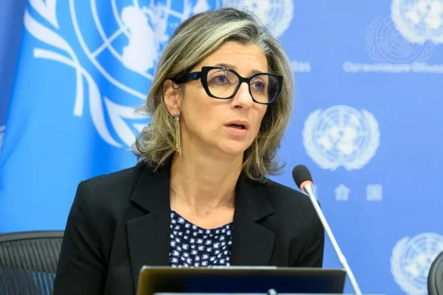 AN undated image of the UN Special Rapporteur on the occupied Palestinian Territories Francesca Albanese speaking. (United Nations)