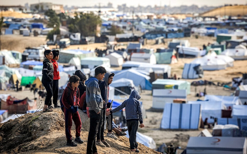 Forcibly displaced Palestinian children stand atop a small hill near tents at a make-shift shelter for Palestinians in Rafah in the southern Gaza Strip on January 30, 2024 amid the ongoing Israeli genocide. (AFP)