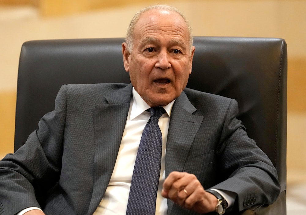 Arab League Secretary-General Ahmed Aboul Gheit, speaks during a meeting with Lebanese Prime Minister Najib Mikati, in Beirut, Lebanon, Monday, March 14, 2022. (AP)