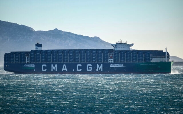 Illustrative: The 'CMA CGM Palais Royal,' the world's largest container ship powered by natural gas, sails in the bay of Marseille, southern France, on December 14, 2023. (AFP)