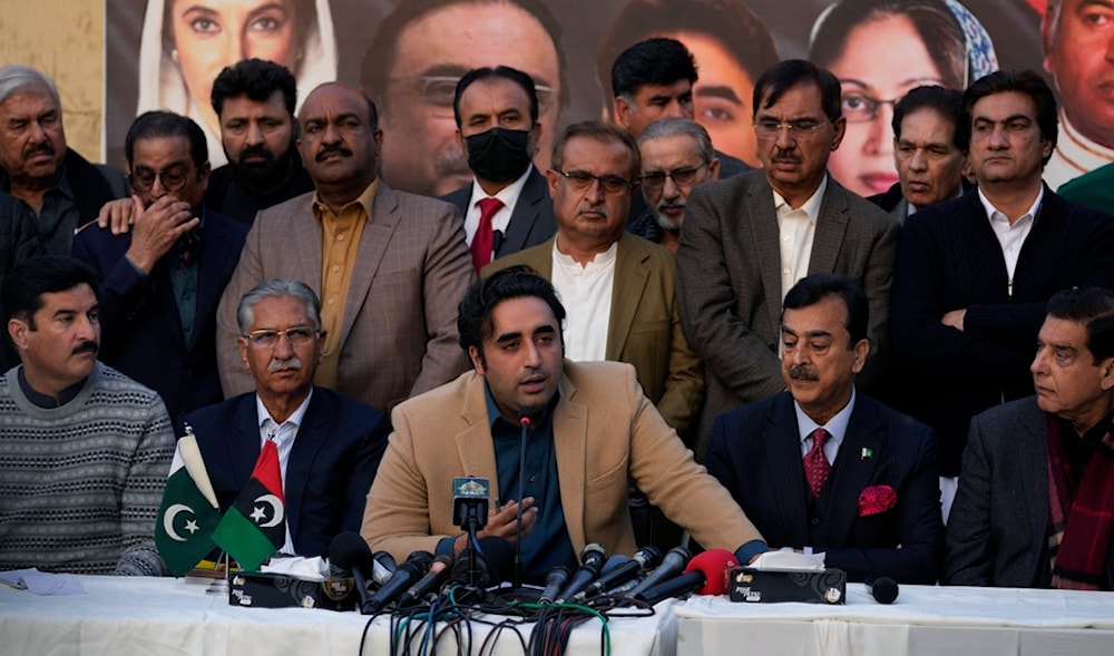 Bilawal-Bhutto Zardari, center bottom, Chairman of Pakistan People's Party speaks as party aids watch during a press conference regarding parliamentary elections, in Islamabad, Pakistan, Tuesday, Feb. 13, 2024. (AP)