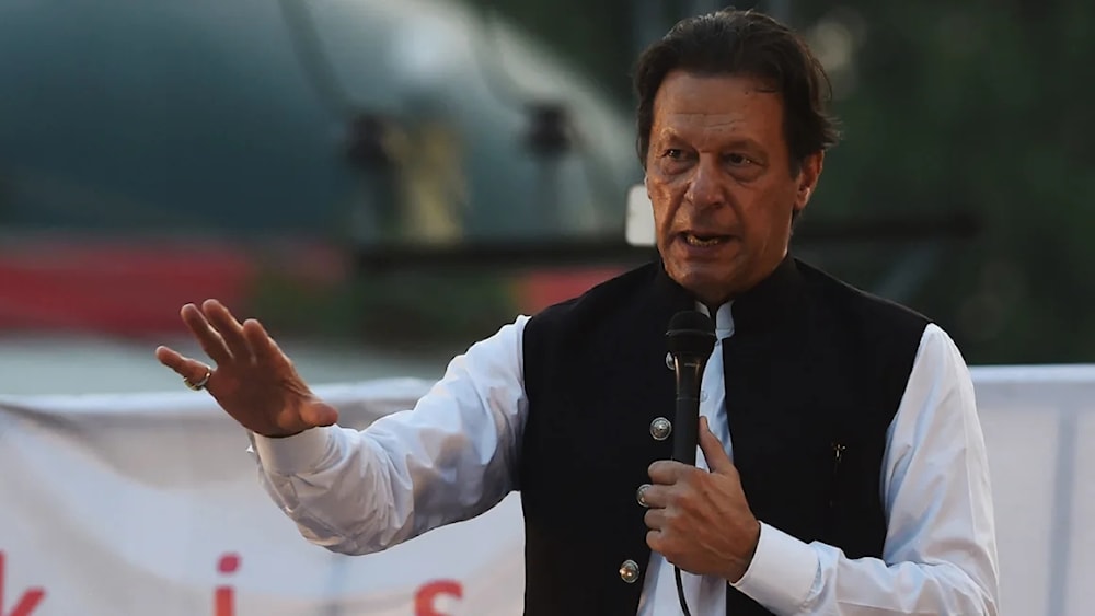  Imran Khan is pictured at a lawyers' convention in Lahore on September 21, 2022. (AFP via Getty Images)