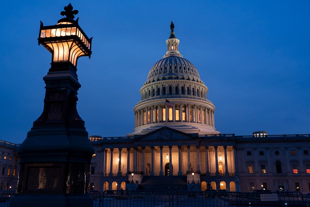 The U.S. Capitol in Washington is illuminated Friday evening, Feb. 9, 2024, as the Senate settles in for a rare weekend session to work on a package of wartime funding for Ukraine, Israel and other U.S. allies. (AP)