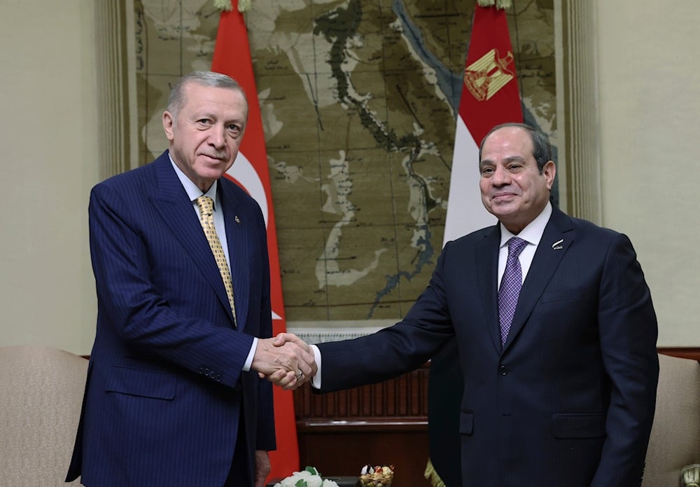 In this handout photo released by the Turkish Presidency, Turkey's President Recep Tayyip Erdogan, left, shakes hands with Egyptian President Abdel Fattah Al-Sissi during their meeting at Al-Ittihadiya palace in Cairo, Egypt, Wednesday, Feb. 14, 2024(AP)