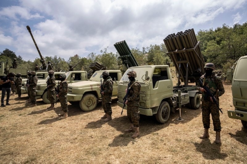 Fighters from the Lebanese Hezbollah carry out a training exercise in Aramata village in the Jezzine District, South Lebanon, May 21, 2023.(AP)