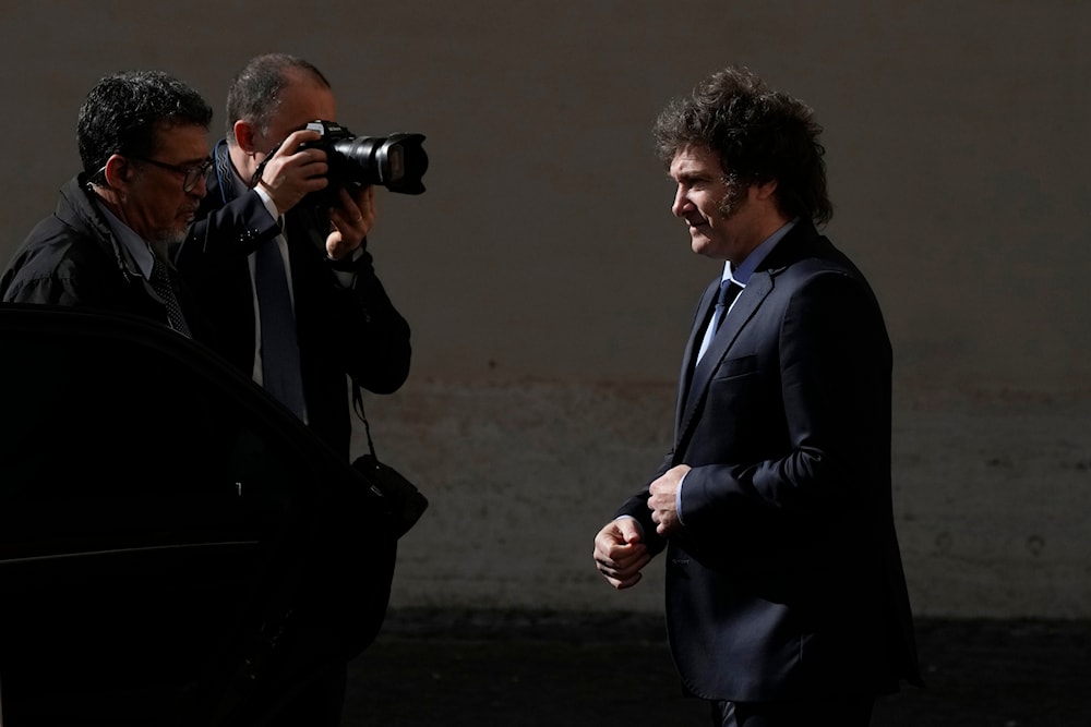 Argentine President Javier Milei leaves the St. Damasus Courtyard at The Vatican after a private audience with Pope Francis, Monday, Feb. 12, 2024. (AP)