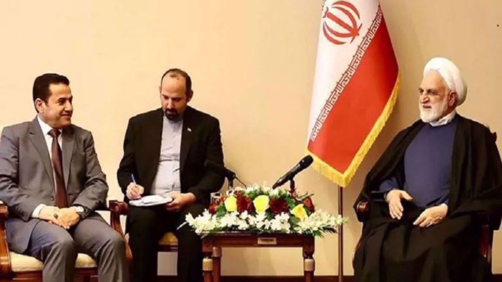 Iran’s Judiciary Chief Gholamhossein Mohseni-Ejei (R) and Iraqi National Security Advisor Qasim al-Araji meet in Baghdad on February 15, 2024. (Press TV)