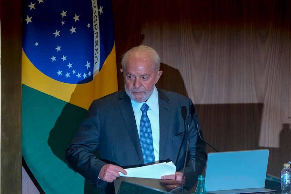 Brazilian President Luiz Lula da Silva gives a speech at the Arab League headquarters in Cairo, Egypt, Thursday, Feb. 15, 2024. (AP Photo/Amr Nabil)