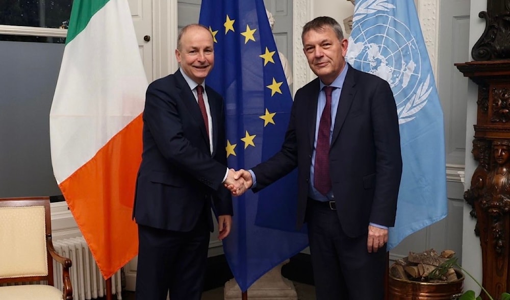 Irish Foreign Minister Micheal Martin and UNRWA head Philippe Lazzarini in Dublin, Ireland, on February 15, 2024. (Social media)