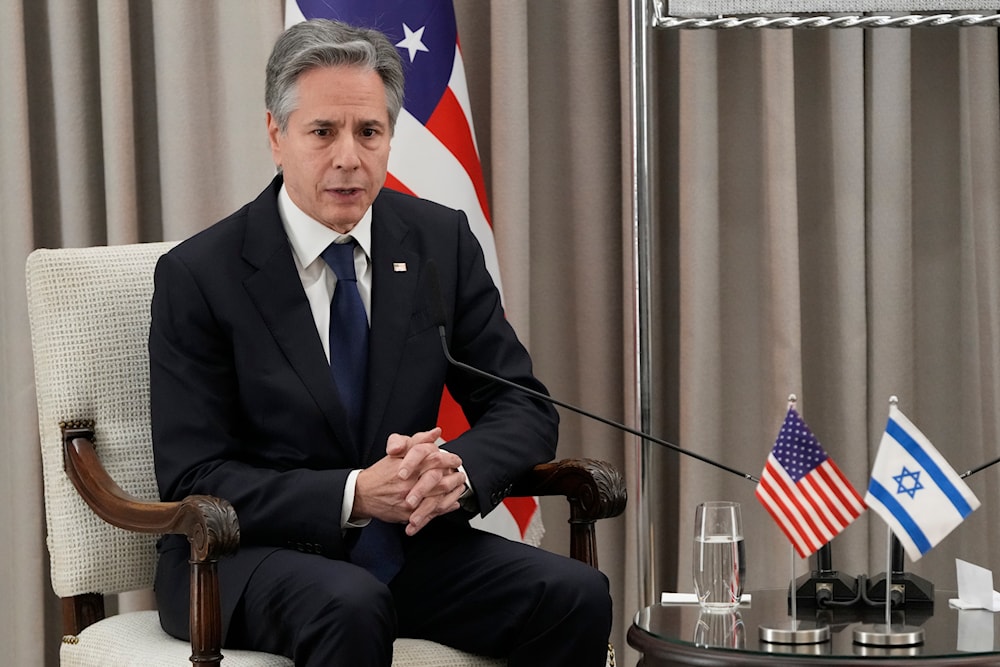 U.S. Secretary of State Antony Blinken speaks during his meeting with Israel's President Isaac Herzog at the President's Residence in 