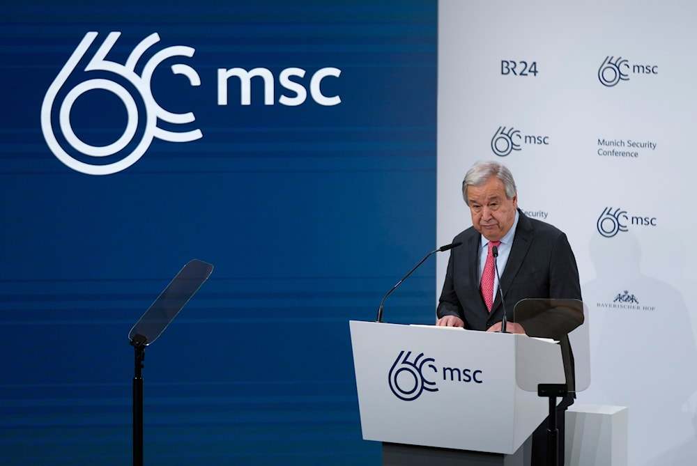 United Nations Secretary General Antonio Guterres addresses the audience during the Munich Security Conference at the Bayerischer Hof Hotel in Munich, Germany, February 16, 2024 (AP)