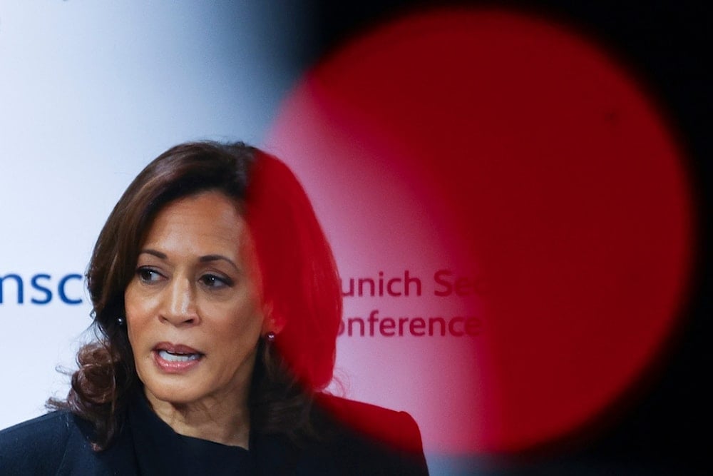 U.S. Vice President Kamala Harris speaks during the Munich Security Conference in Munich, Germany, Friday, Feb. 16, 2024. (Kai Pfaffenbach/Pool via AP)