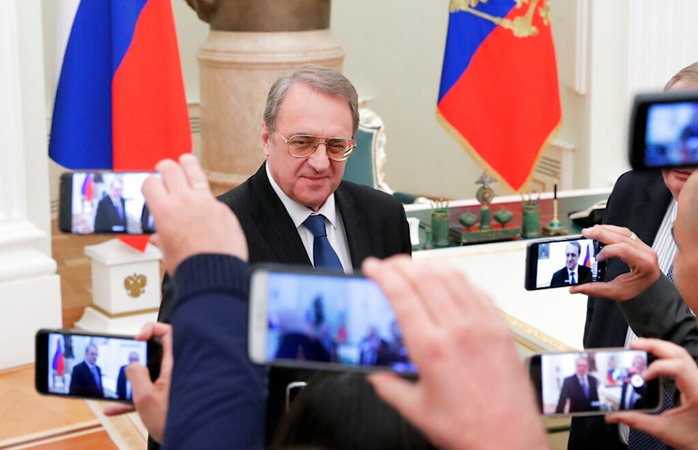 Russian Deputy Foreign Minister Mikhail Bogdanov speaks with journalists prior to Russian President Vladimir Putin and Israeli Prime Minister Benjamin Netanyahu talks in the Kremlin in Moscow, Russia, Wednesday, Feb. 27, 2019 (AP)