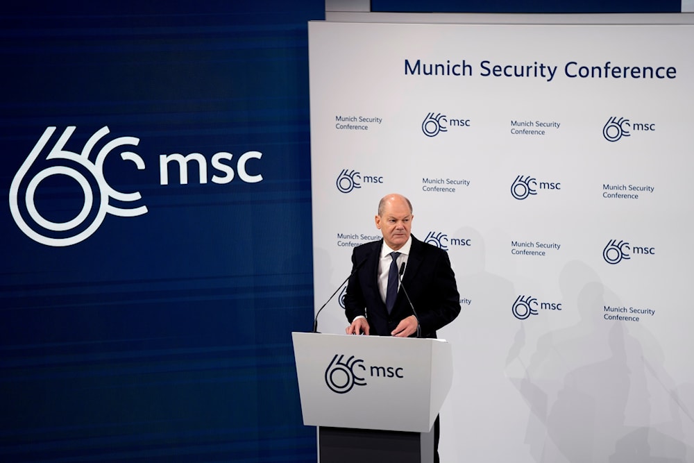 German Chancellor Olaf Scholz delivers a speech at the Munich Security Conference at the Bayerischer Hof Hotel in Munich, Germany, Saturday, Feb. 17, 2024.(AP)