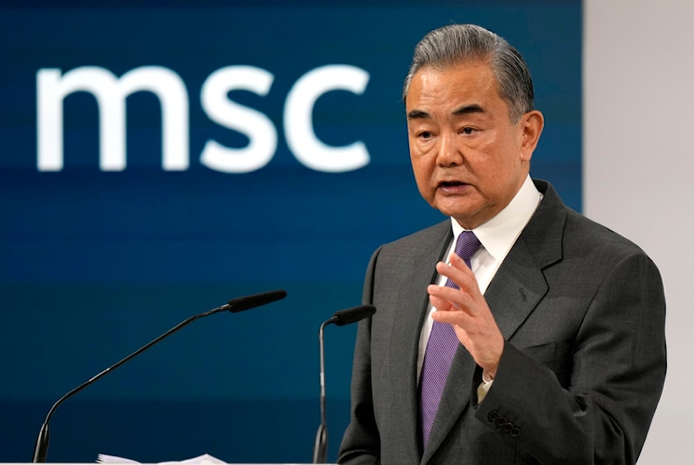 Chinese Foreign Minister Wang Yi delivers a speech at the Munich Security Conference at the Bayerischer Hof Hotel in Munich, Germany, Saturday, Feb. 17, 2024. (AP)