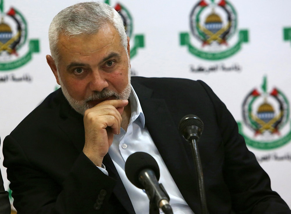 Head of Hamas political bureau Ismail Haniyeh attends a meeting with foreign reporters at al-Mathaf hotel in Gaza City, Thursday, June 20, 2019(AP)