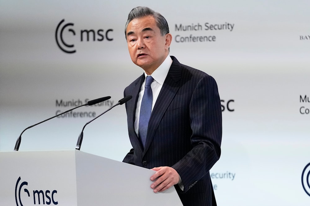 China's Director of the Office of the Central Foreign Affairs Commission Wang Yi speaks at the Munich Security Conference at the Bayerischer Hof Hotel in Munich, on Feb. 18, 2023(AP)