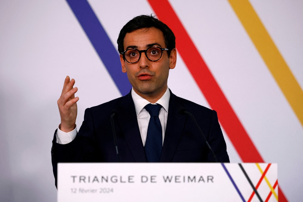 French Foreign and European Affairs Minister Stephane Sejourne, speaks during a press conference following the Weimar Triangle talks at the Chateau de La Celle Saint-Cloud near Paris, Monday, Feb. 12, 2024. (AP)