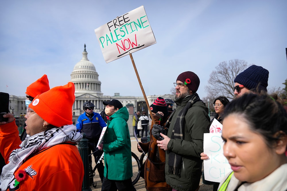 Activists from the group United We Dream march in support of immigration and Gaza on Capitol Hill, Thursday, February 15, 2024, in Washington. (AP)