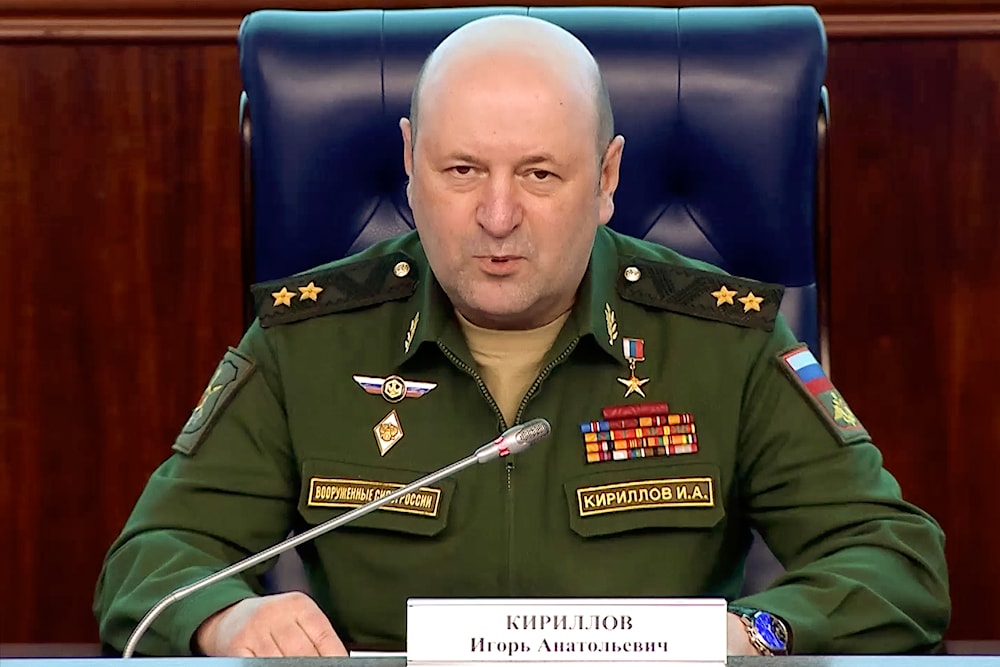 The head of the radiation, chemical and biological defense troops of the Russian Armed Forces Lt. Gen. Igor Kirillov speaks during a briefing in Moscow, Russia on February 28, 2023 (AP)