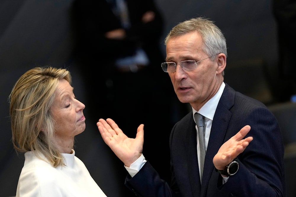 NATO Secretary General Jens Stoltenberg with Netherland's Defense Minister Kajsa Ollongren during a meeting at NATO headquarters in Brussels, Thursday, Feb. 15, 2024. (AP)