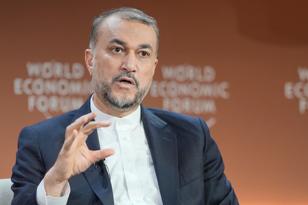 Iran's Foreign Minister Hossein Amir-Abdollahian gestures during a discussion at the Annual Meeting of World Economic Forum in Davos, Switzerland, January 17, 2024. (AP)