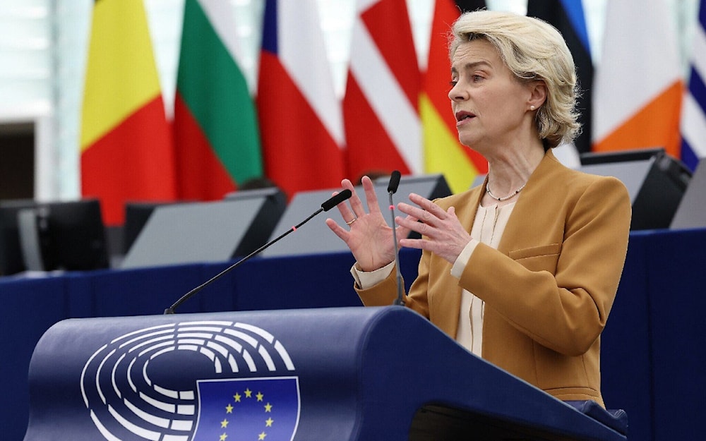 European Commission President Ursula von der Leyen delivers a speech during a plenary session at the European Parliament in Strasbourg, eastern France, on December 13, 2023. (AFP)