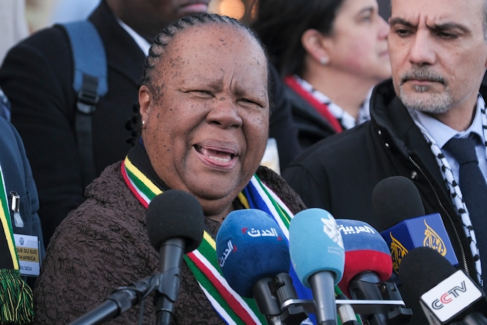 South Africa's Foreign Minister Naledi Pandor addresses reporters after session of the International Court of Justice, or World Court, in The Hague, Netherlands, Friday, Jan. 26, 2024 (AP)