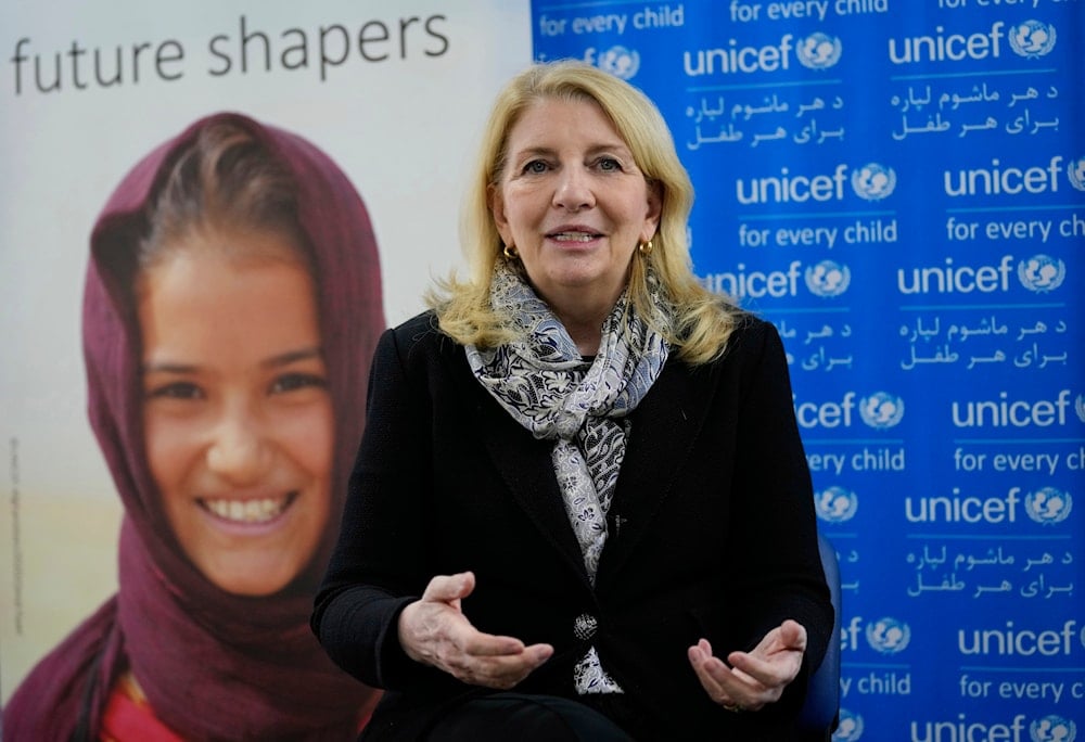 Catherine Russell, UNICEF's executive director, speaks during an interview with the Associated Press, in Kabul, Afghanistan, Friday, Feb. 25, 2022. (AP)