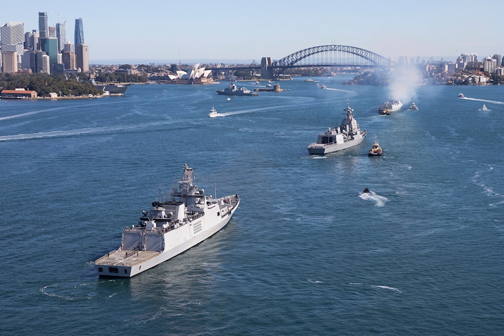 Vessels participating in Exercise Malabar 2023, the INS Sahyadri, JS Shiranui, INS Kolkata, and HMAS Brisbane, sail into Sydney Harbour on Friday, Aug. 11, 2023(AP)