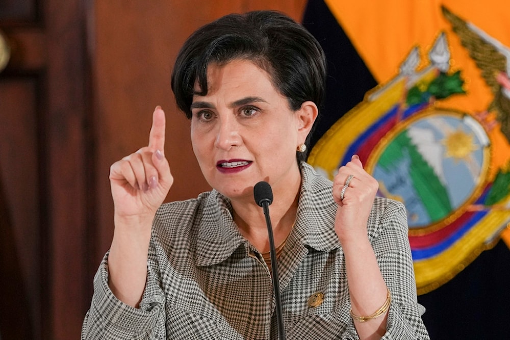 Ecuadorean Foreign Minister Gabriela Sommerfeld talks to the press about international cooperation on security in Quito, Ecuador, Wednesday, Jan. 24, 2024. (AP)