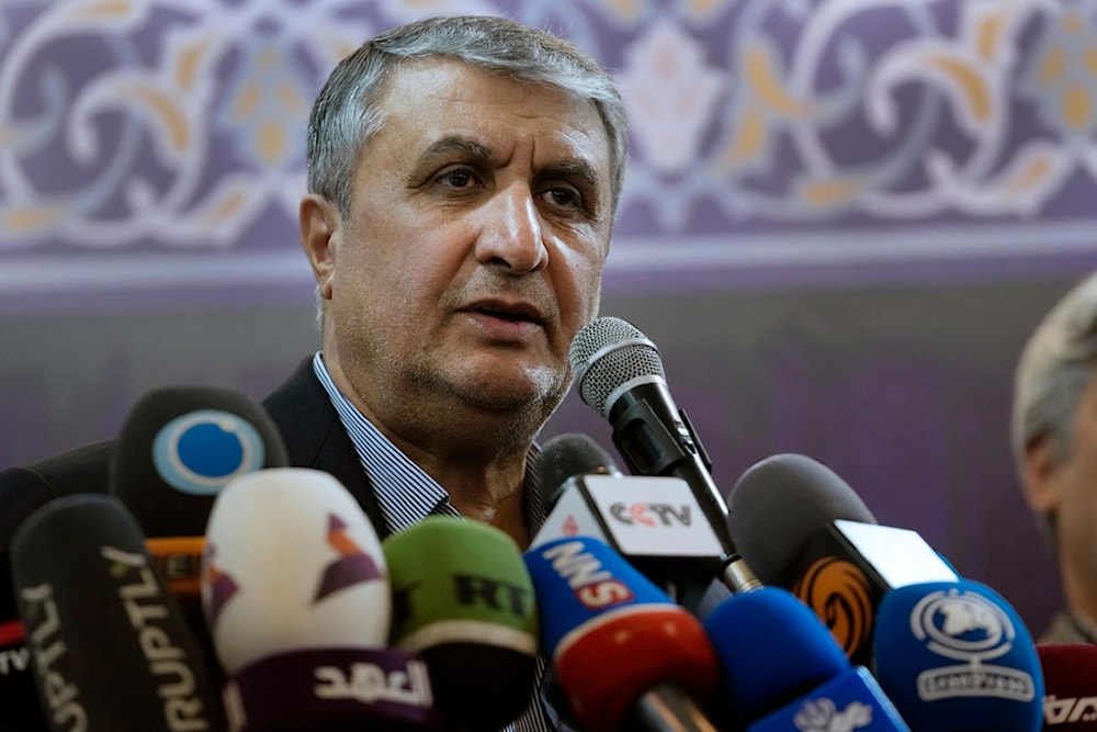 Head of Iran's atomic energy department Mohammad Eslami speaks during an exhibition of the country's nuclear achievements, in Tehran, Iran, Tuesday, Dec. 12, 2023. (AP)